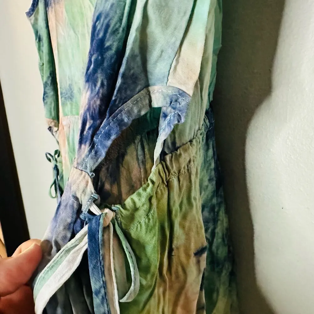 LOUNA Blue & Green Tie Dye Circle Cut Outs Mid Waist Mid Slit Maxi Dress size XL - Image 9