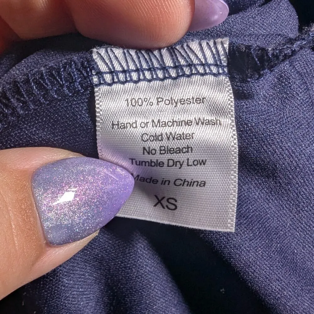 Lucy in the Sky Navy Blue Chiffon Swiss Dot Long Sleeve Ruched Mini Dress XS - Image 6