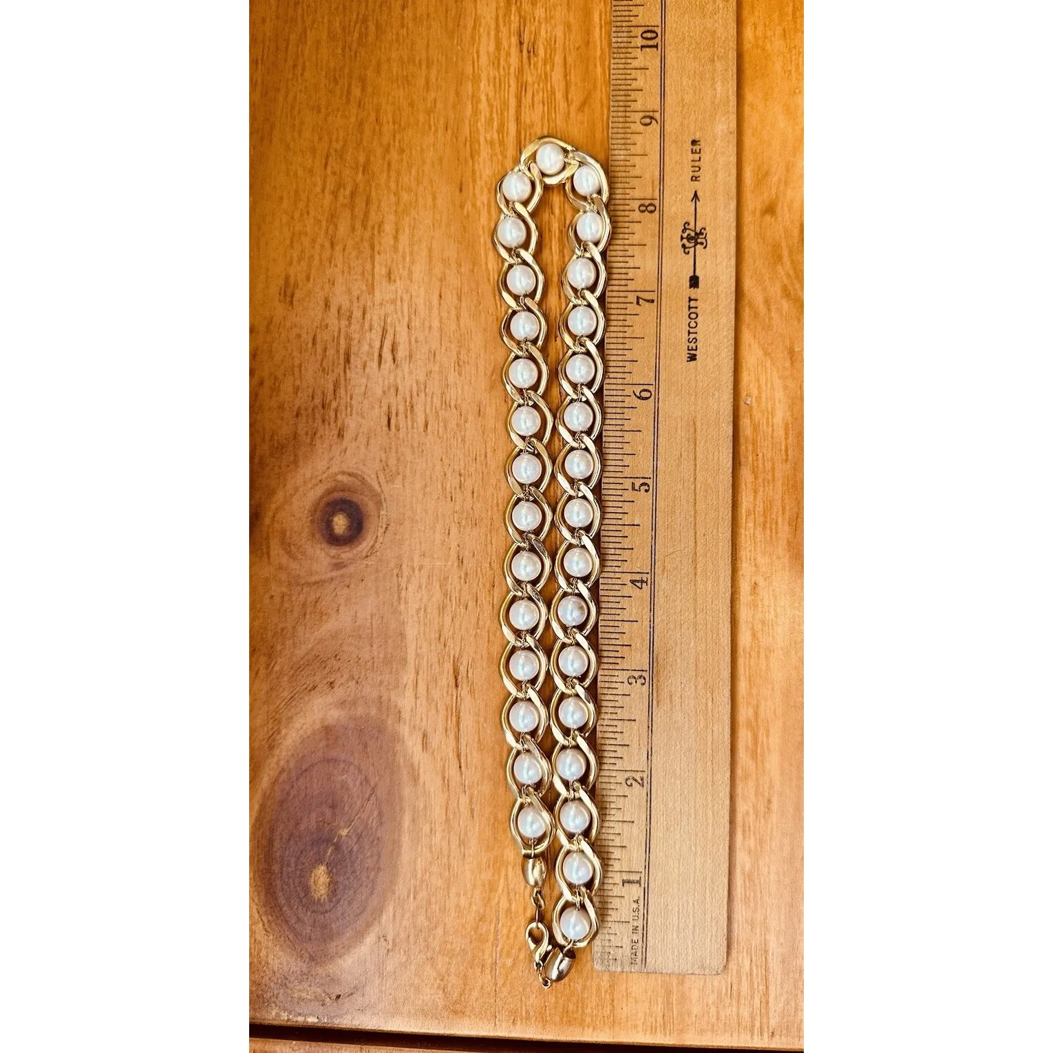 Vintage‎ Gold Tone Chunky Heavy Gold Link w/Faux Pearl 16" Necklace - Image 6