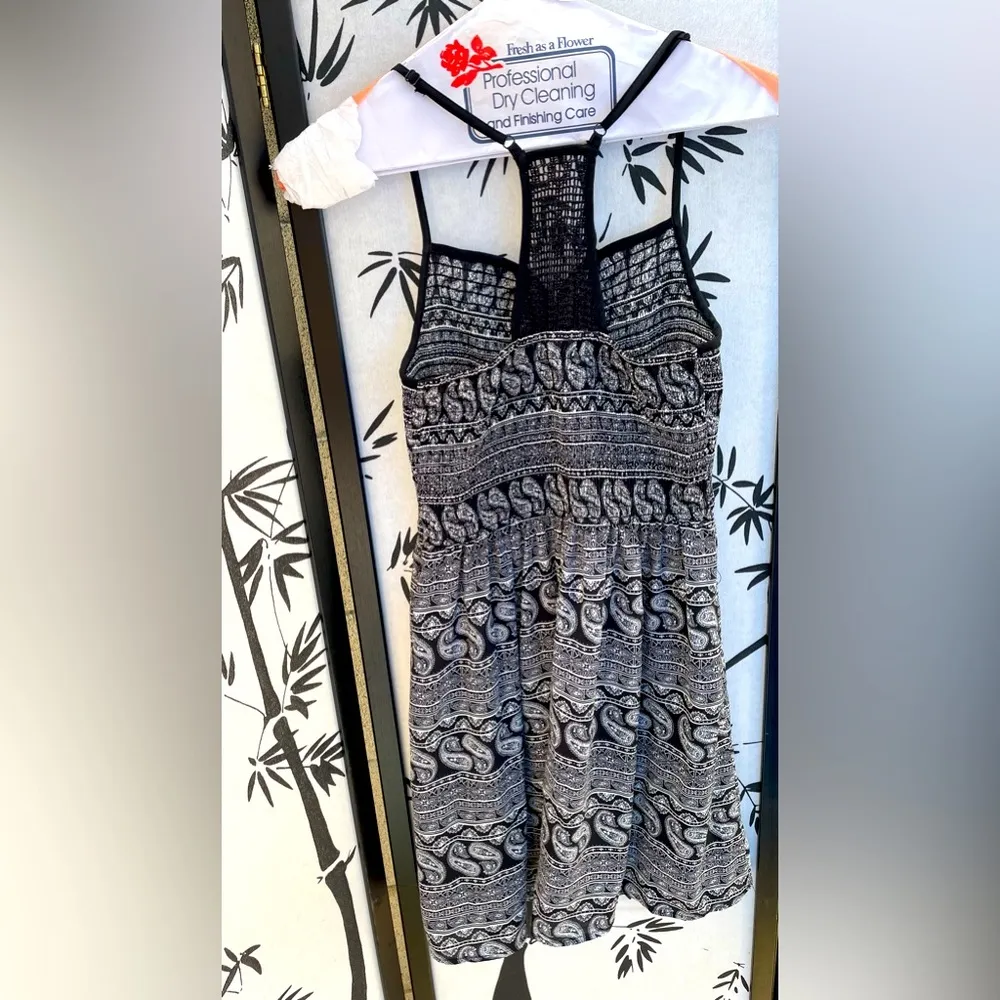 Xhilaration Dress (XS) T-Strap. Crochet T. Black w/White Geo Print. Elastic Top - Image 2