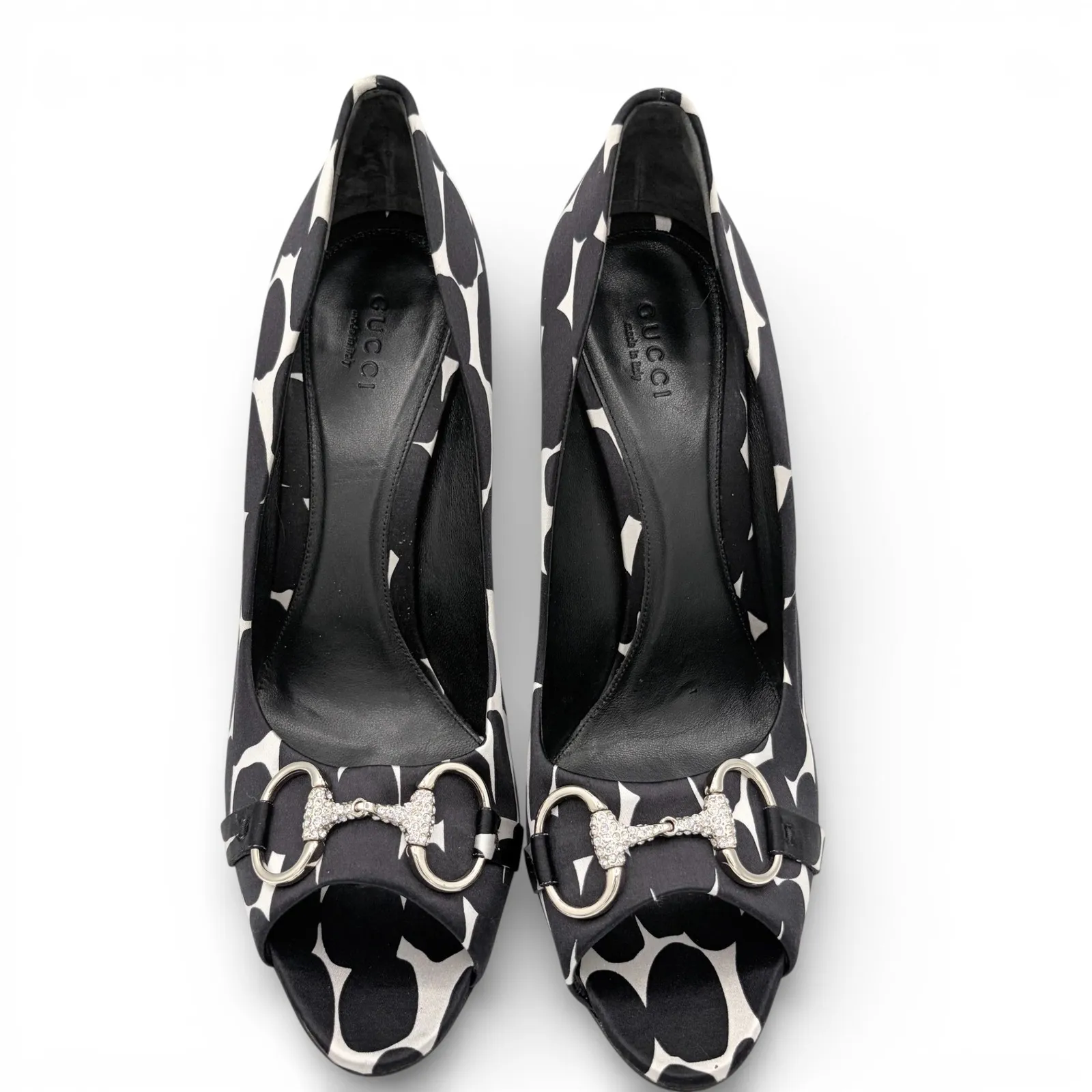 GUCCI Satin Crystal Horsebit Peep Toe Heels Sz 9 Black White LIKE NEW COA EU 39 - Image 3