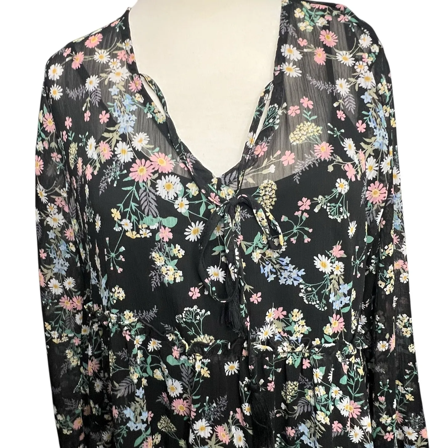 Gypsies & Moondust Babydoll Dress Womens L Black Floral Sheer Fairy Peasant Boho - Image 3