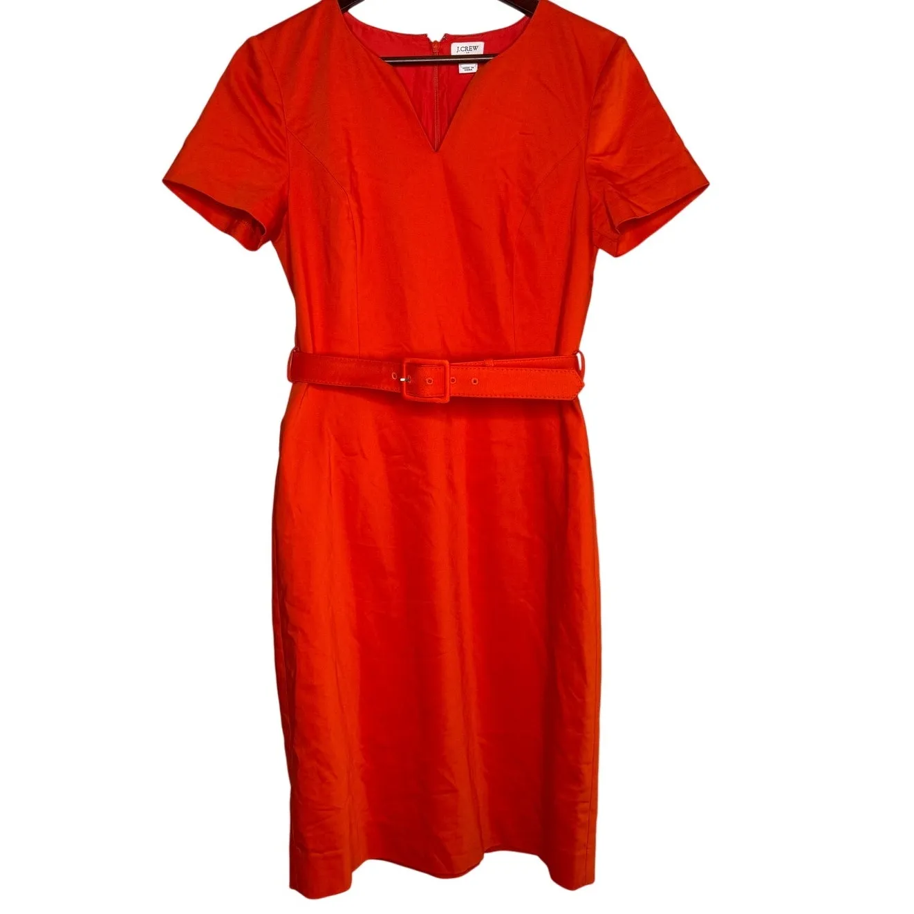 J. Crew Short Sleeve Belted V Neck Sheath Midi Dress Lined Back Zip Up 6 Orange - Image 10