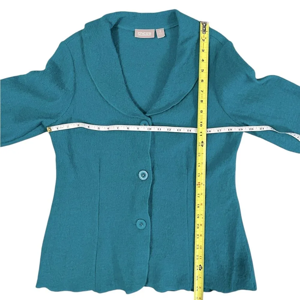 Chicos Boiled Wool Blazer Jacket Teal Blue Womens Size 1 / Medium - Image 5