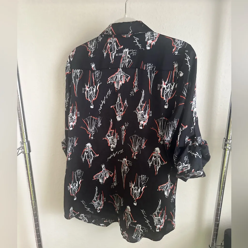 KARL LAGERFELD PARIS Black Blouse with Orange and White Accents. - Image 2