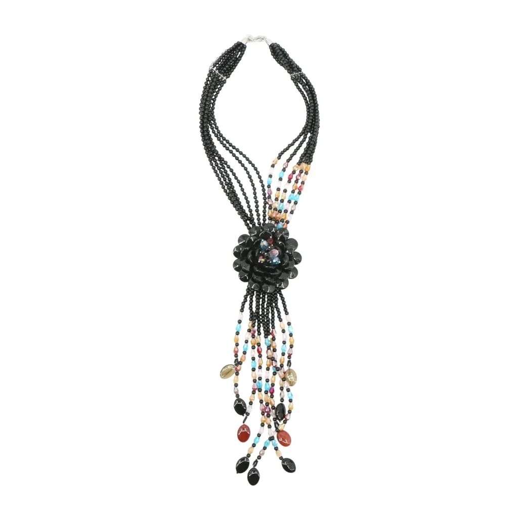New Joan Rivers Starlet Style Beaded Flower Cluster Fringe Black Necklace 20" - Image 2