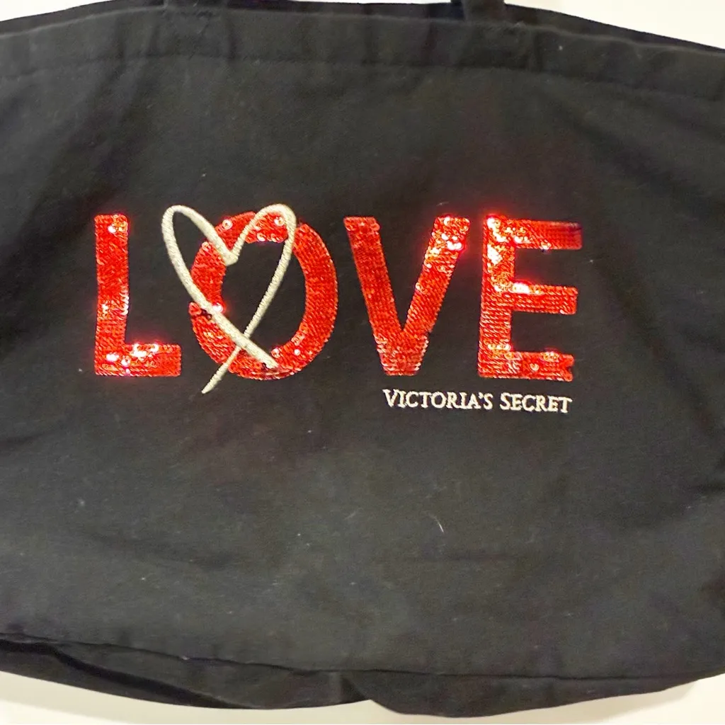 VICTORIA’S SECRET Love Canvas Black Tote RED SEQUINS Love Limited Edition - Image 2