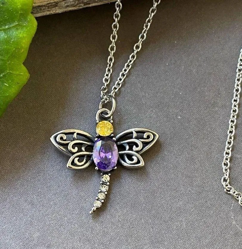 Dragonfly Purple & Yellow CZ Stainless Steel Necklace - Image 2