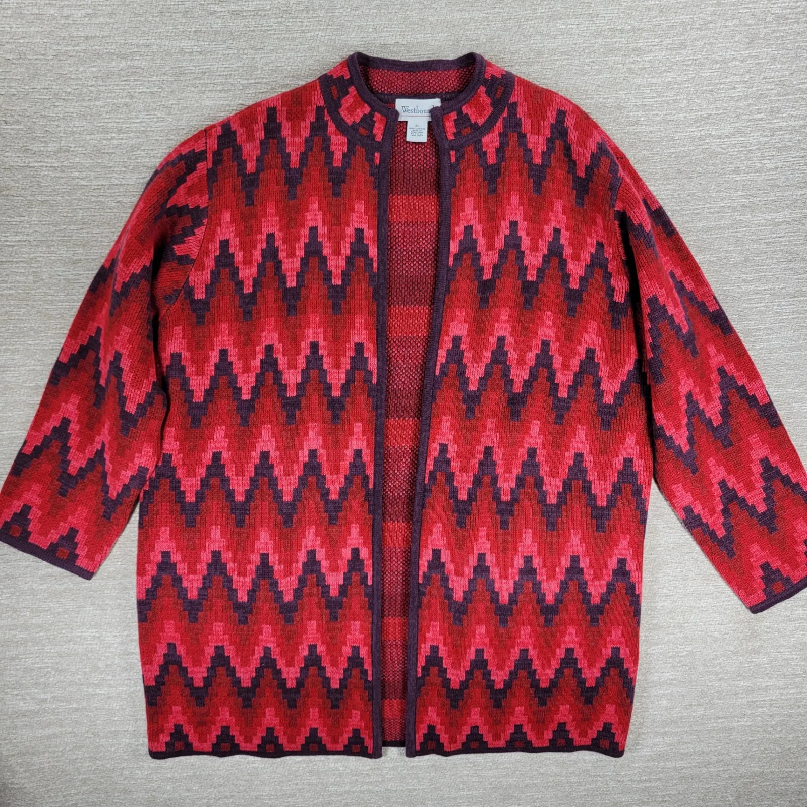 Westbound Cardigan Sweater Womens XL Red Geometric Chevron Knit Open Front Long - Image 2
