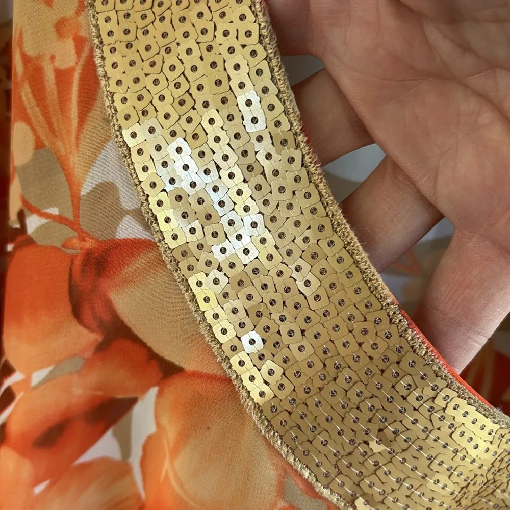 Like New Susan Graver Top / Swim Cover-Up Orange Floral Gold Sequin V Neck 3X - Image 4
