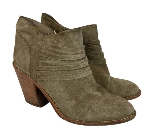 Loeffler Randall Ankle Booties 9 Khaki Green‎ Gray Suede Leather Stacked Heel - Image 1