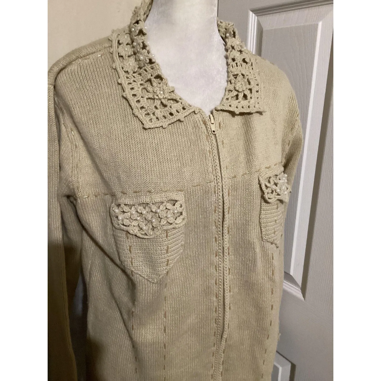 Storybook Knits Sweater Womens Small Medium Beige Zip Crochet Cardigan Lace - Image 2