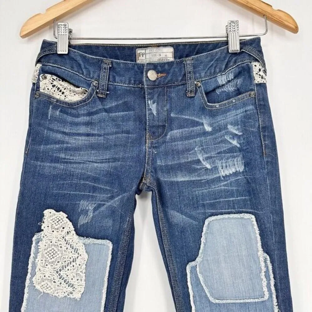 Free People Patchwork Skinny‎ Jeans Size 24 Daisy Haynes Crochet Lace Festival - Image 8