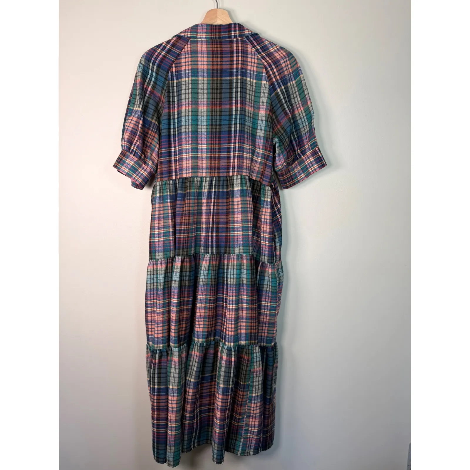 Natural Life Rebecca Plaid Tiered Maxi Dress Shirt Collar Short Sleeve Women's M - Image 4