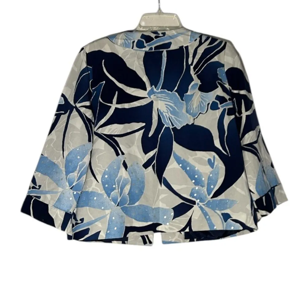 Chico's Ice Garden Frannie Ink White Blue Silk Cotton Sequin Blazer Size L 12 - Image 2