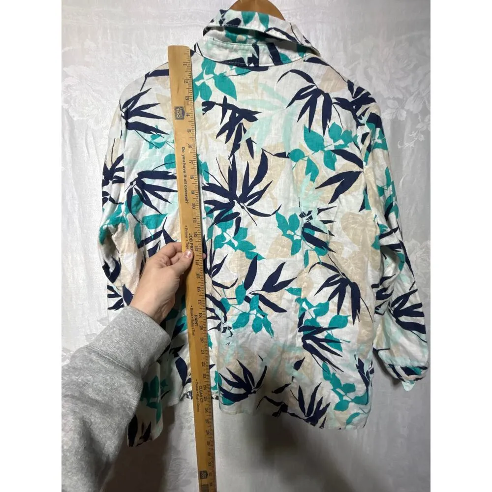 JM Collection 100% Linen Shirt 16 White Blue Floral Tropical Button Up Boxy Tie - Image 9