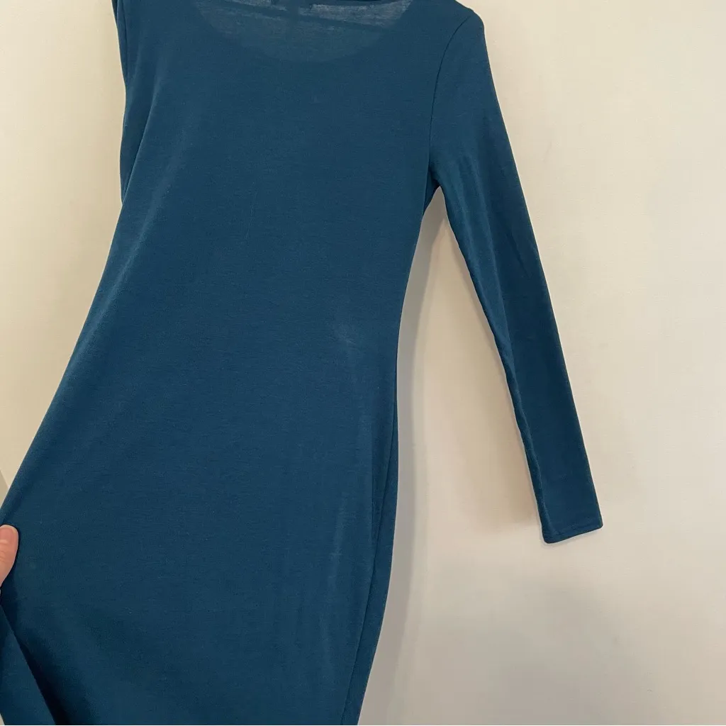 LEITH NORDSTROM Long Sleeve Ruched Dress Solid Teal Faux Wrap Mini Bodycon Dress - Image 15