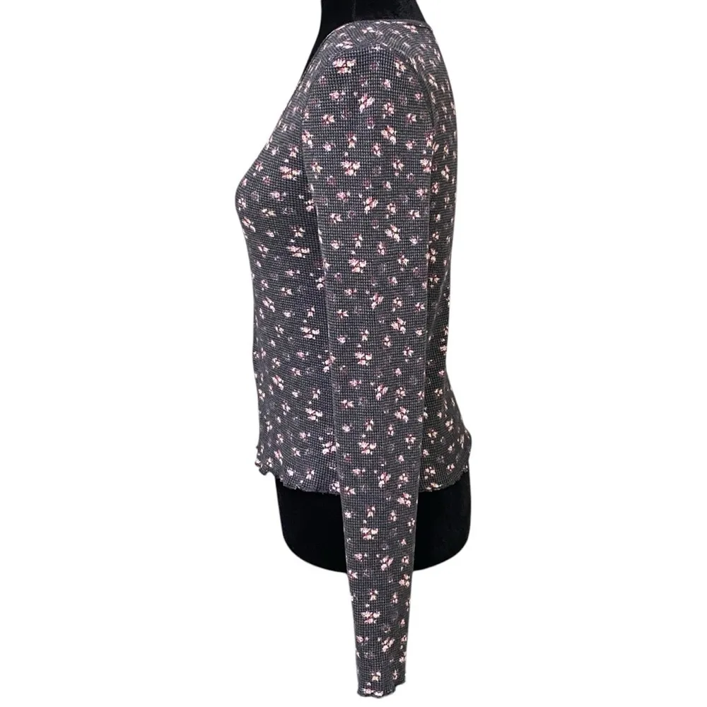 SO Black Floral Cropped Thermal Long Sleeve Top Y2K 90s Medium - Image 4