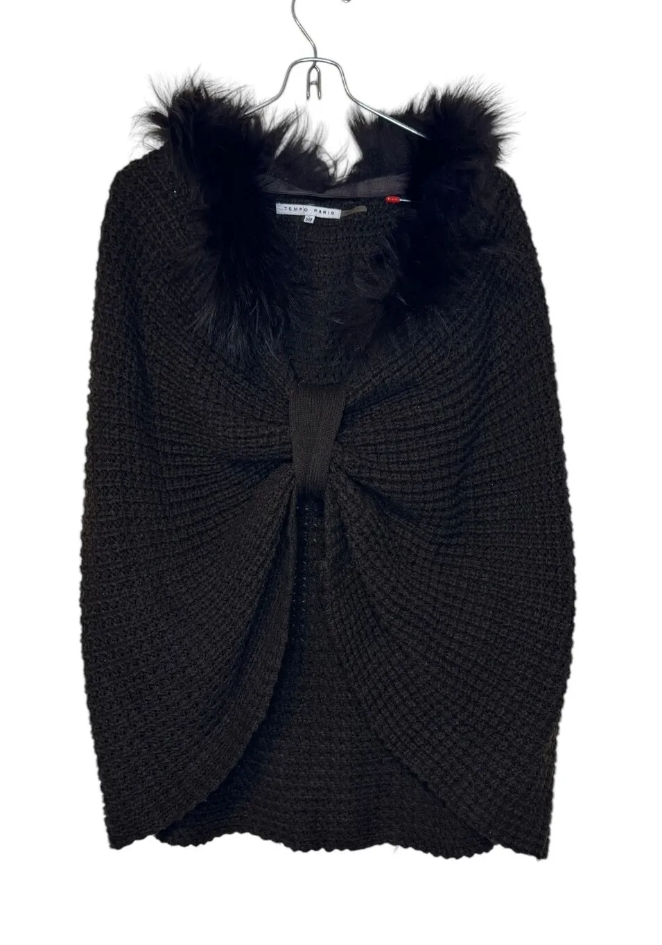 Tempo Paris Women's Sweater Top Faux Fox Fur Pullover Knotted Front Cape Medium - Image 1