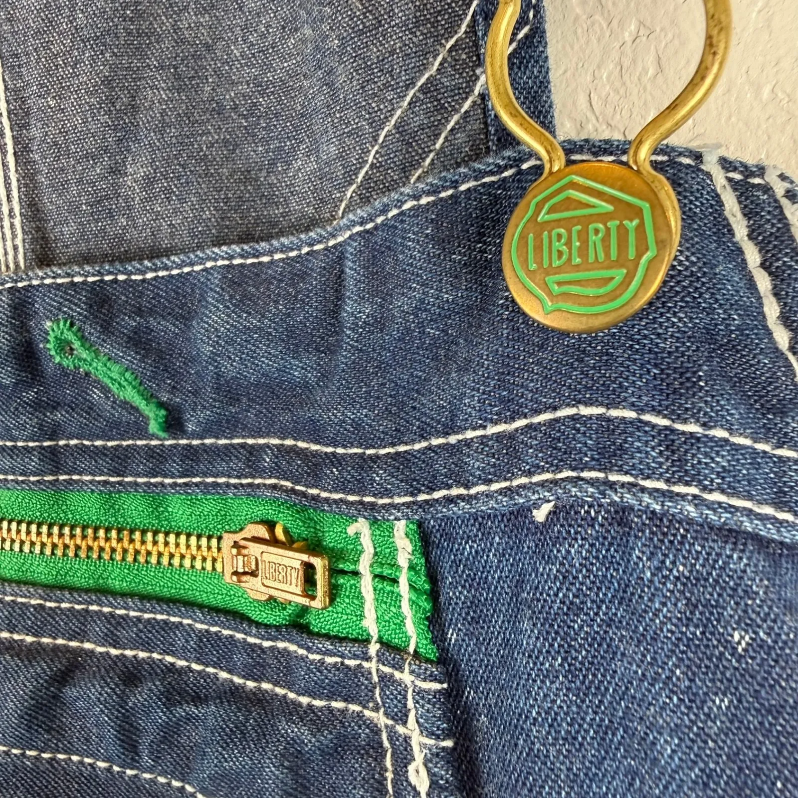 Liberty Denim Overalls — Women's Size 20 Tall Green Zip Accent Carpenter Style Blue - Image 6