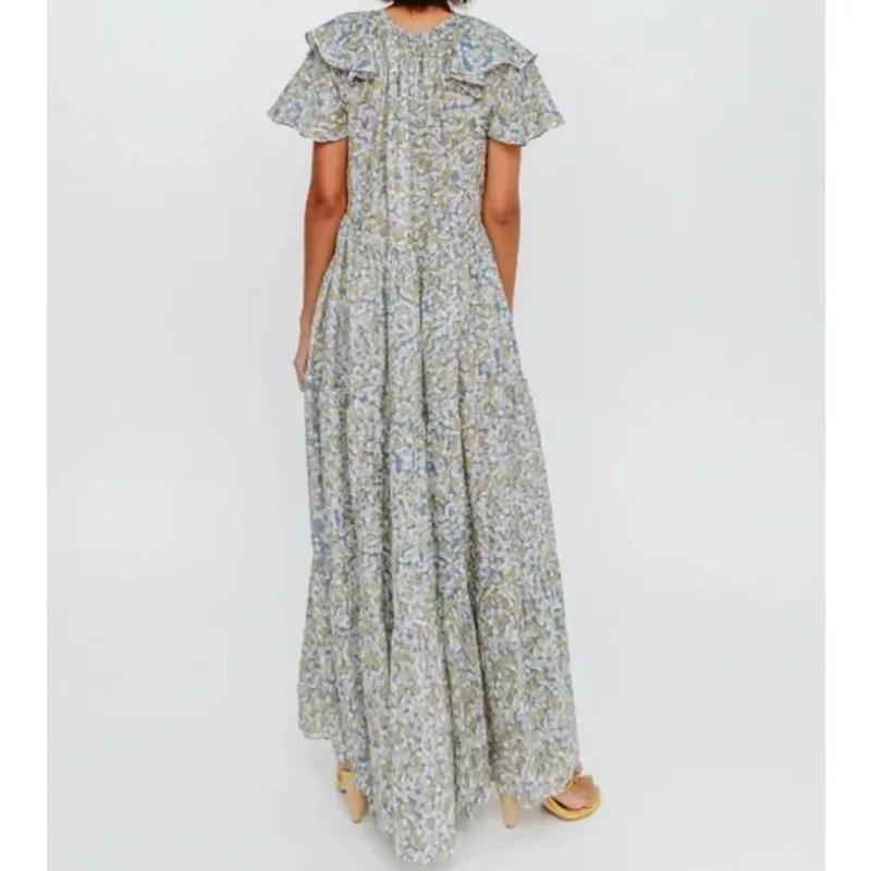 Mirth Vienna Silk Blend Belted Ruffled Floral Print Maxi Dress Green Size XS - Image 3