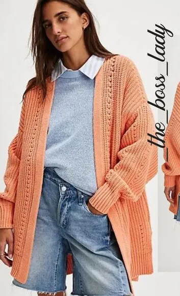 Free People cardigan sweater chunky oversized cotton blend Small coral - Image 7