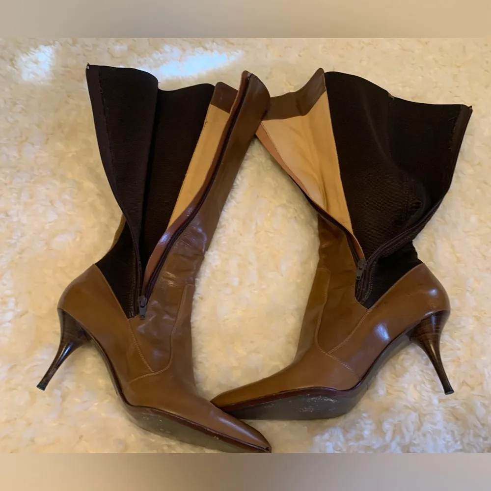 Yves saint laurent knee high leather pointed toe heel boots in brown size 40 - Image 11