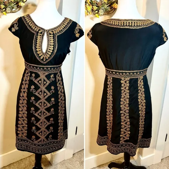 NANETTE LEPORE Silk Gold Metallic Embroidered Key Hole Neck Occasion Dress Sz 6 - Image 2