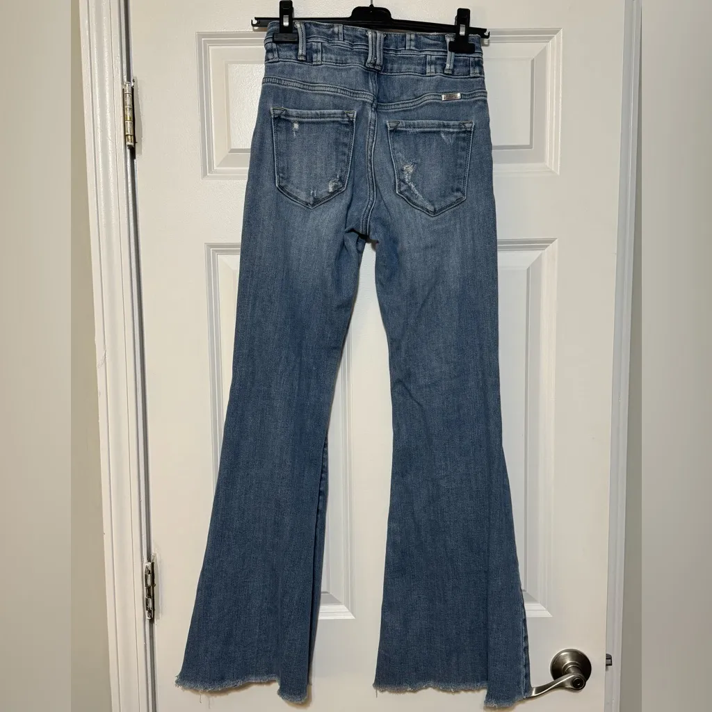 Women’s KanCan Chloe High Rise Distressed Raw Hem Super Flare Jeans Size 5/26 Blue - Image 4