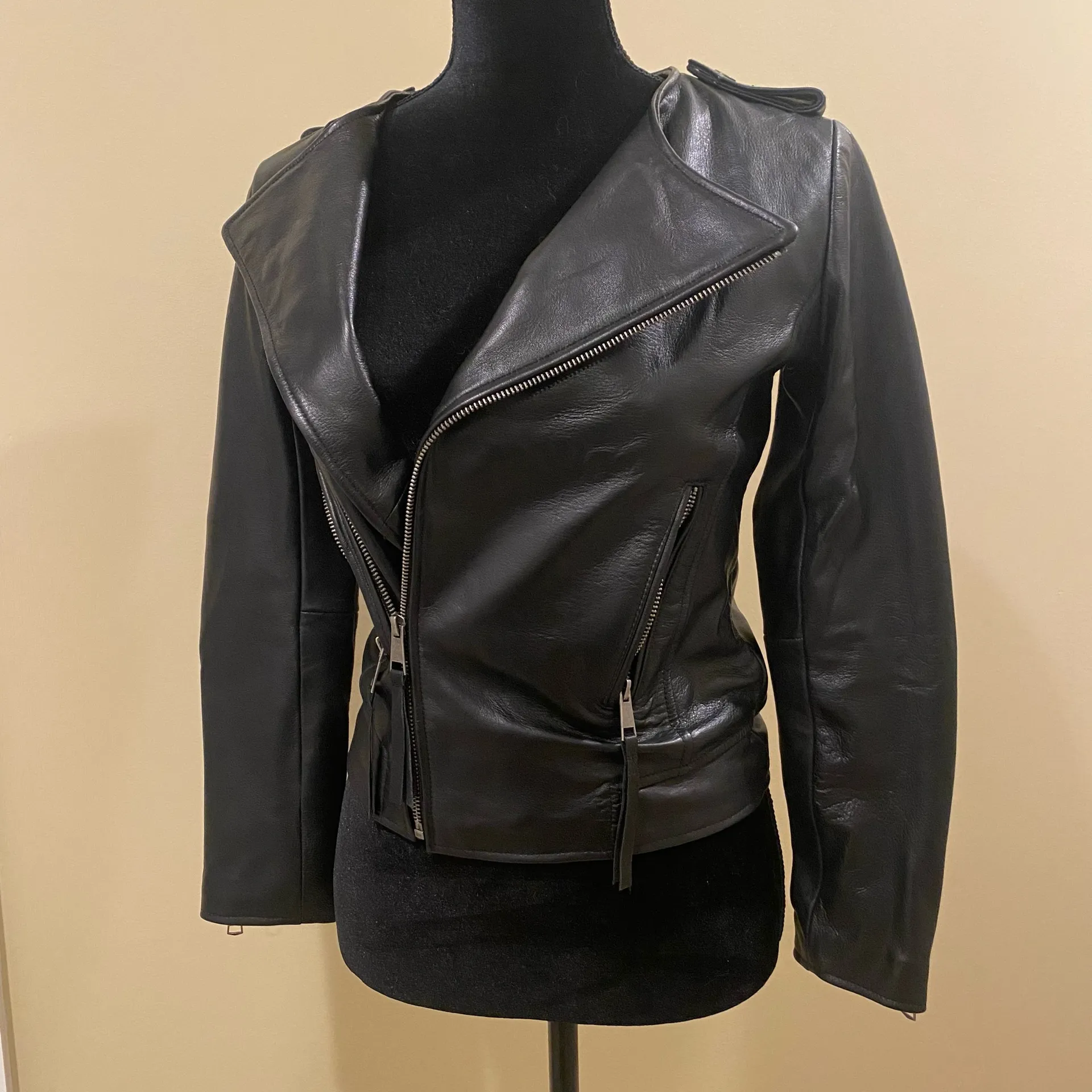 Genuine Sheepskin Leather Jacket Coat Trench Biker Slim Crop Jacket Motorcycle Black Size XS - Image 12