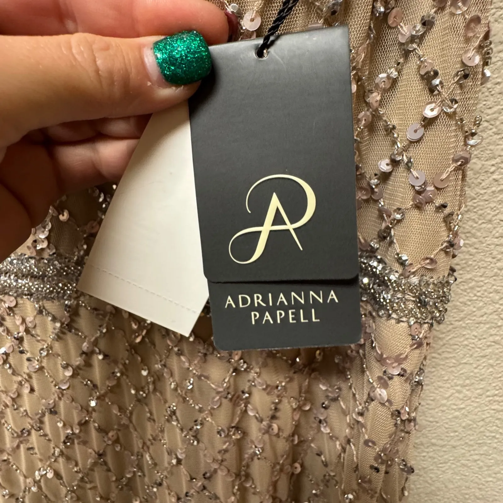 NWT Adrianna Papell Champagne Beaded Mermaid Gown Short Sleeve 10 - Image 10