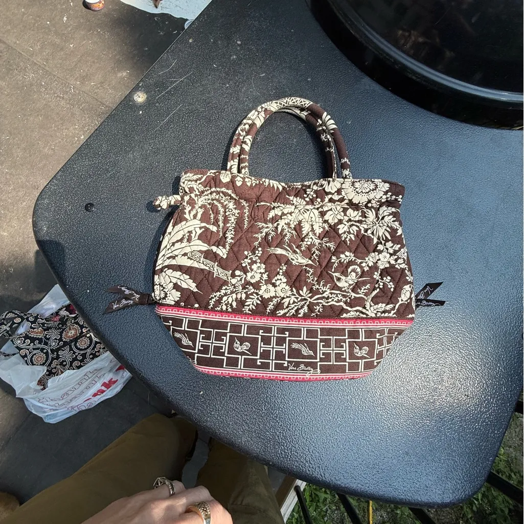 Vera Bradley bag imperial toile satchel Brown pink White Palm trees quilted Tote - Image 3