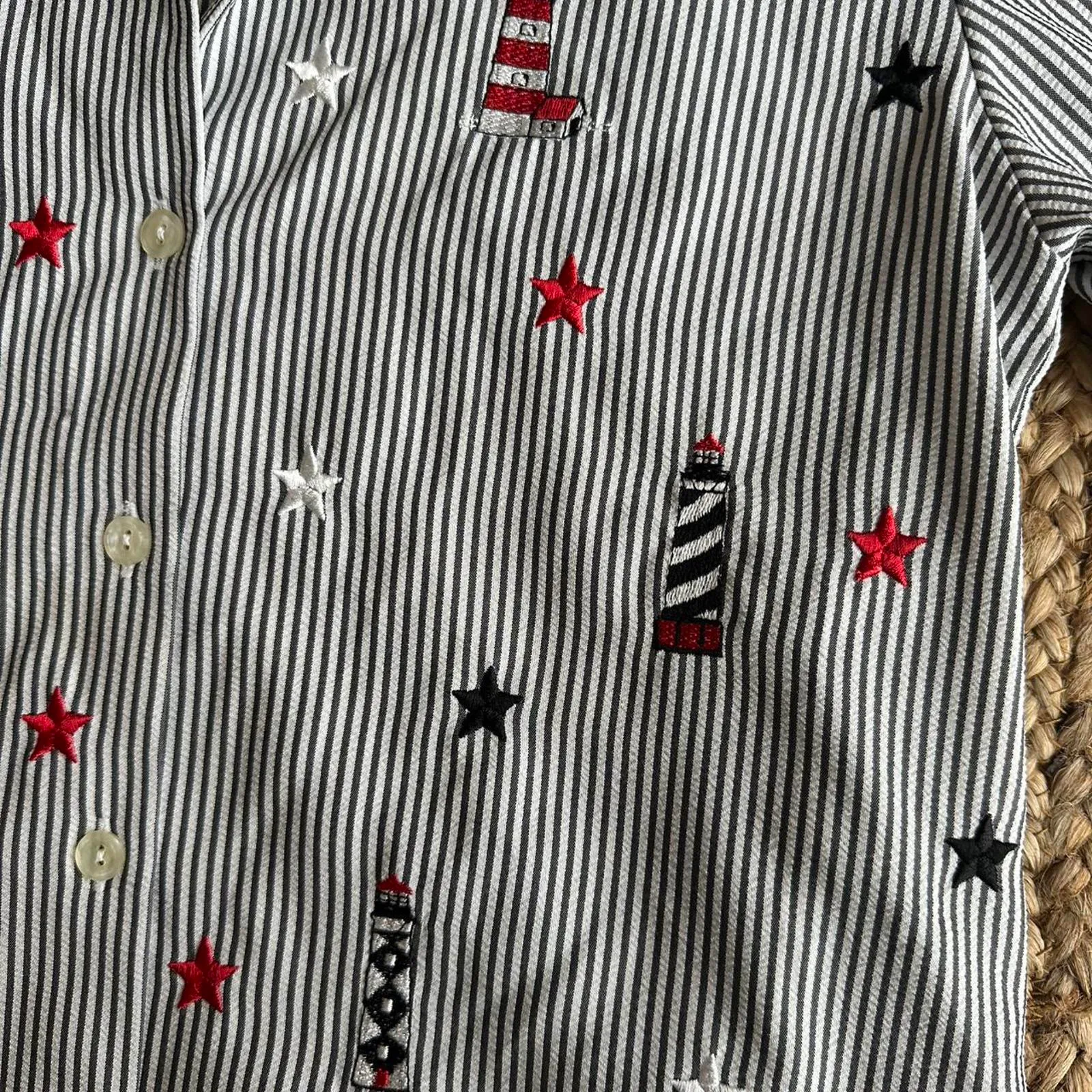 Vintage black & white striped button-up shirt with lighthouse embroidery - Image 2