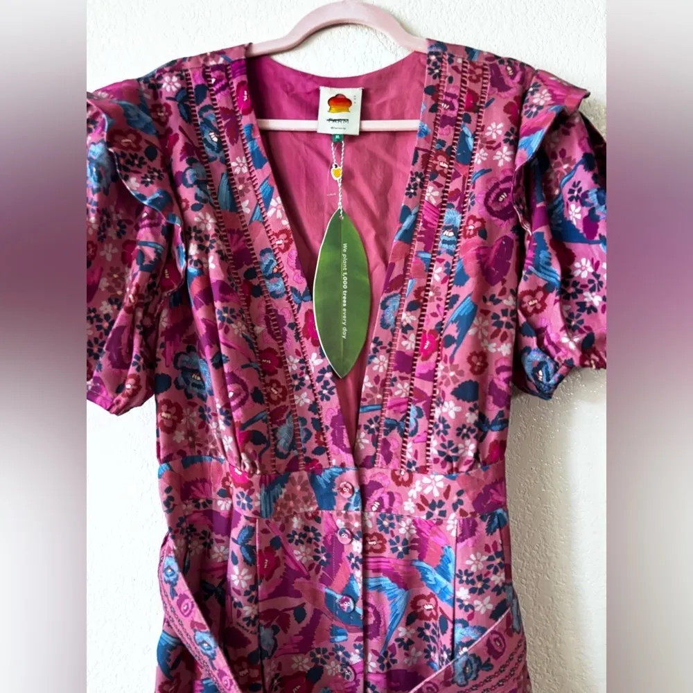 FARM Rio Floral Birds Blush Jumpsuit with Puff Sleeves Size: XL - Image 5