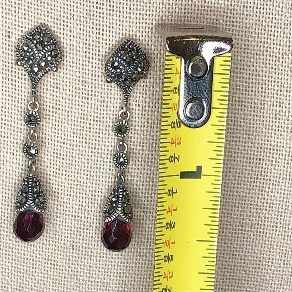 Vintage Faceted Red Garnet & Sterling Silver Marcasite Long Drop Dangle Earrings - Image 5