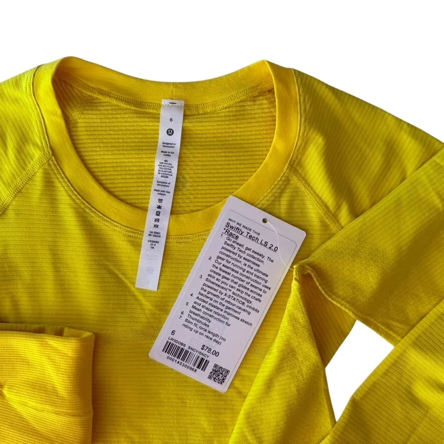 Lululemon Swiftly Tech Long Sleeve Shirt 2.0 Race Length Sonic Yellow NEW Size 6 - Image 3