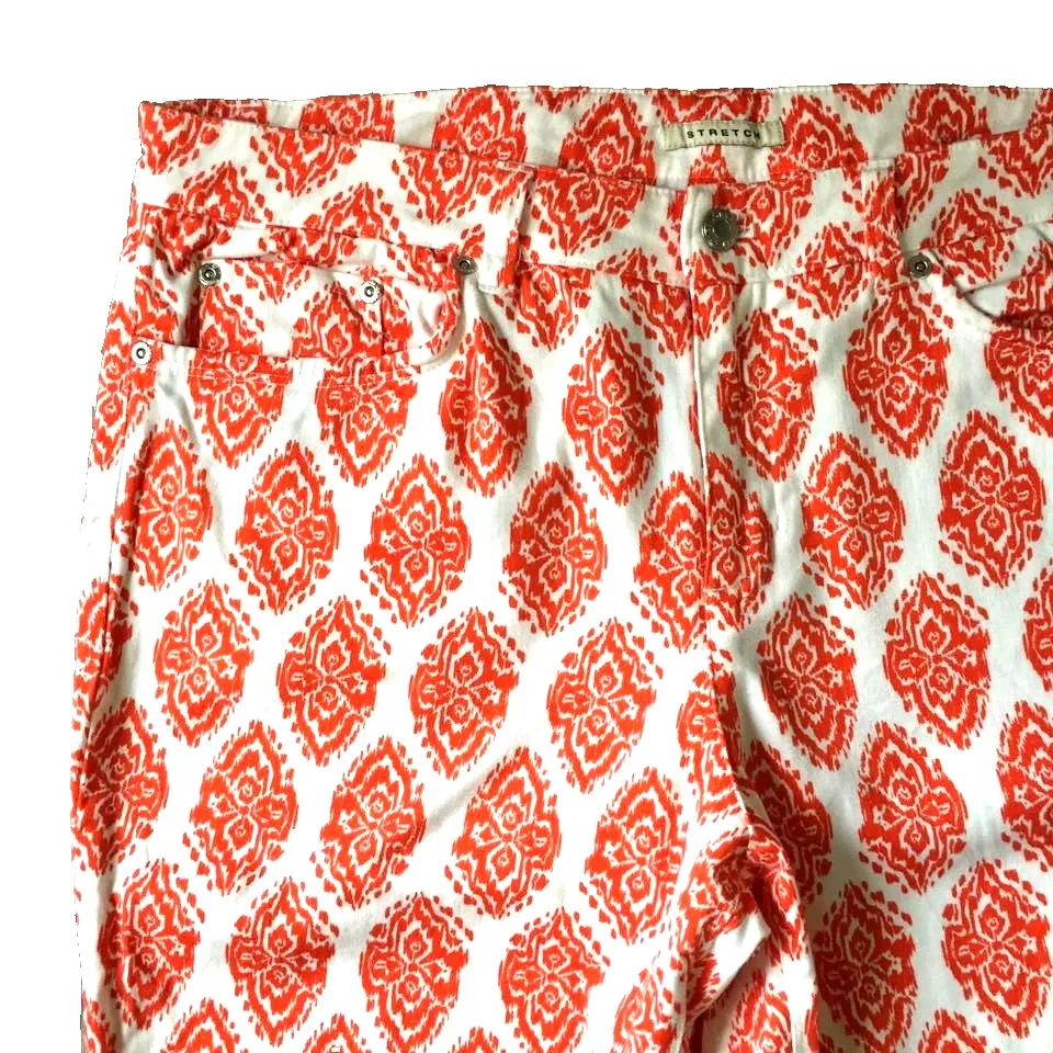 Jones New York Crop Jean Women 14 L Denim Capri Pant 25" Orange White Boho Print - Image 4