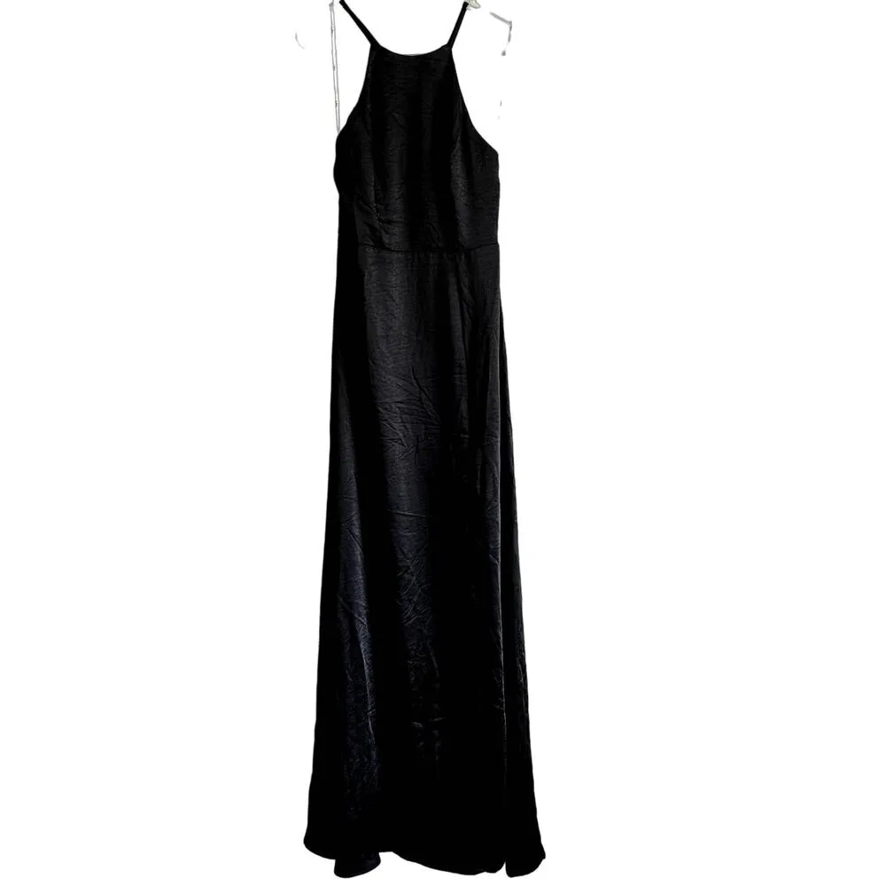 Lulu's Make it Elegant Satin Strappy Maxi Dress Halter Neck Slit Formal Black XS - Image 2