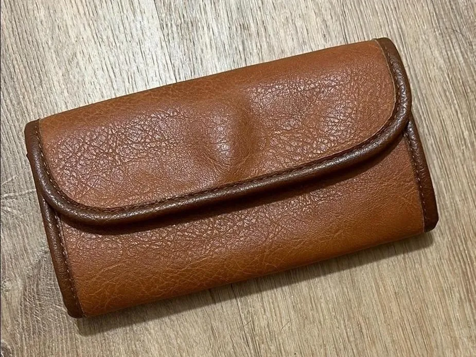 Women's Cognac Brown Faux Leather Textured Snap Closure Clutch Bag - Image 1