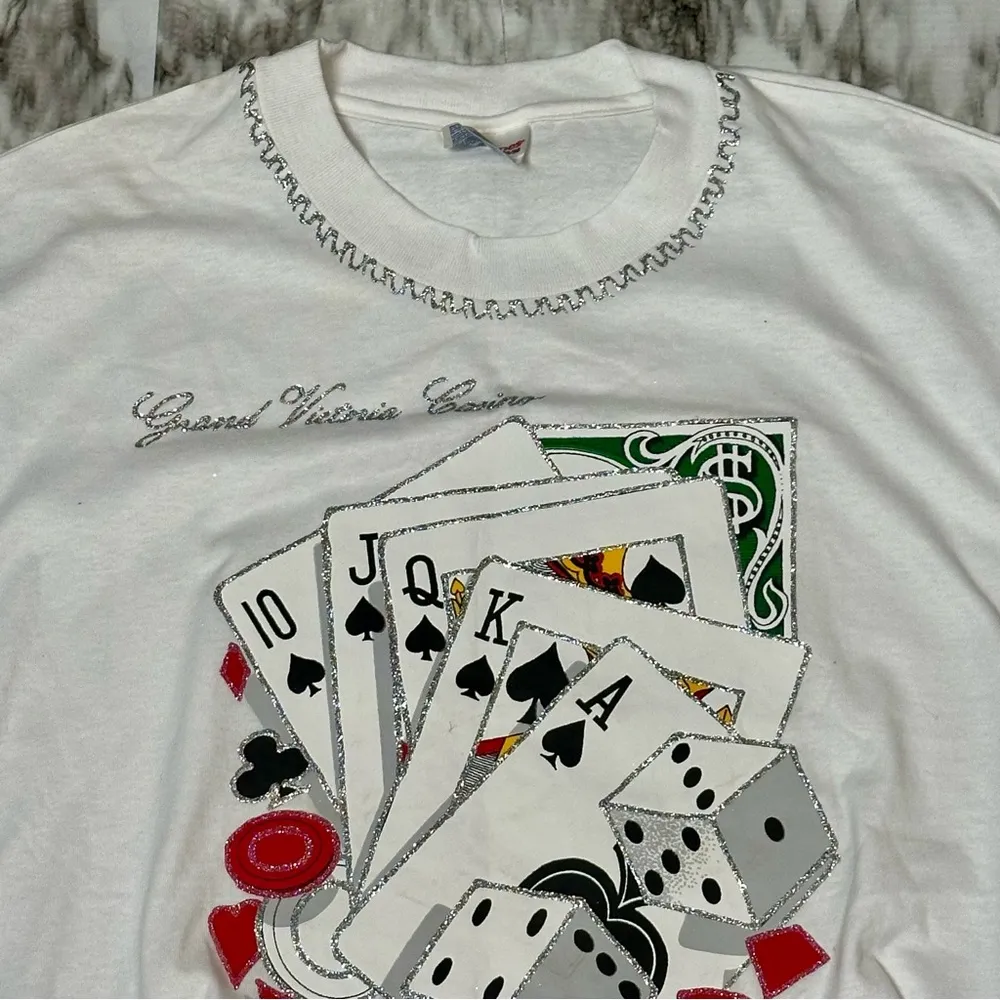 White Graphic Tee with Playing Cards and Dice Grand Victoria Casino Hand Painted - Image 4