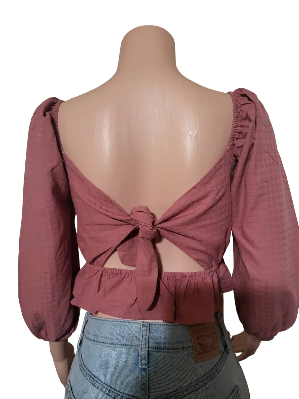 Baevely women's mauve 3/4 sleeve elastic detail ruched back tie crop smock blouse S, M,L Pink Size L - Image 4