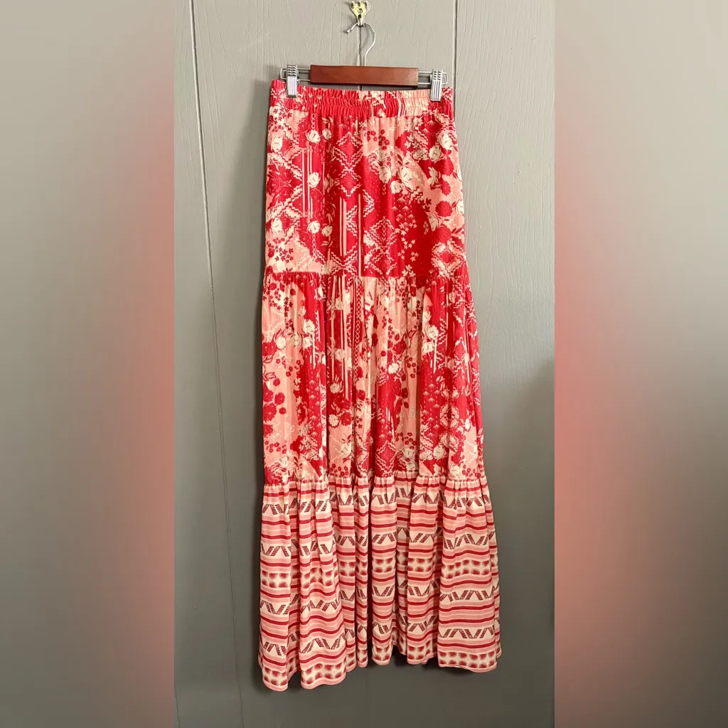 CHUFY Red and Pink Patterned Maxi Skirt Size XS - Image 4