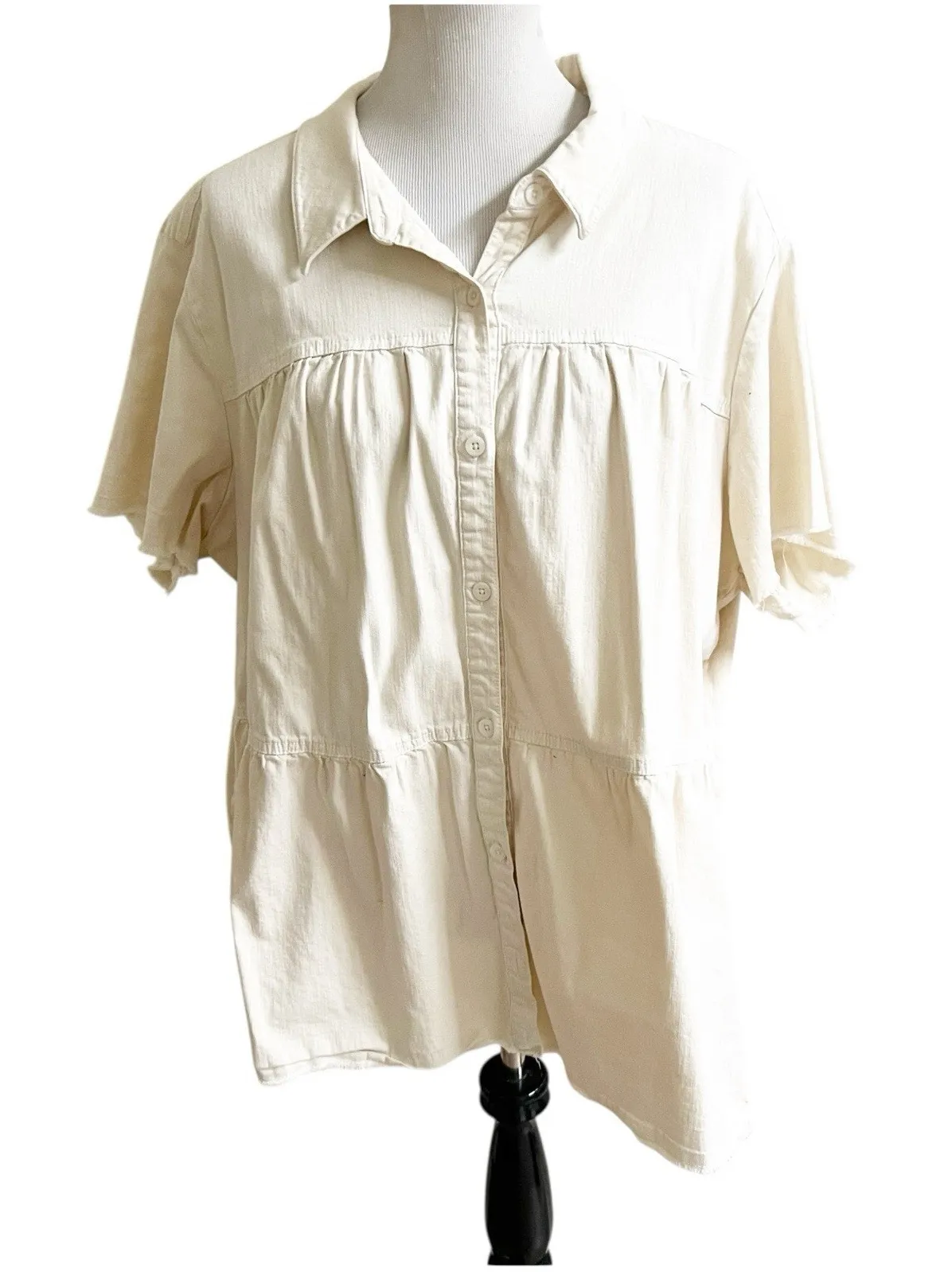 LOGO by Lori Goldstein Tiered Babydoll Tunic Button Front Collar Fringe Size 3X - Image 1