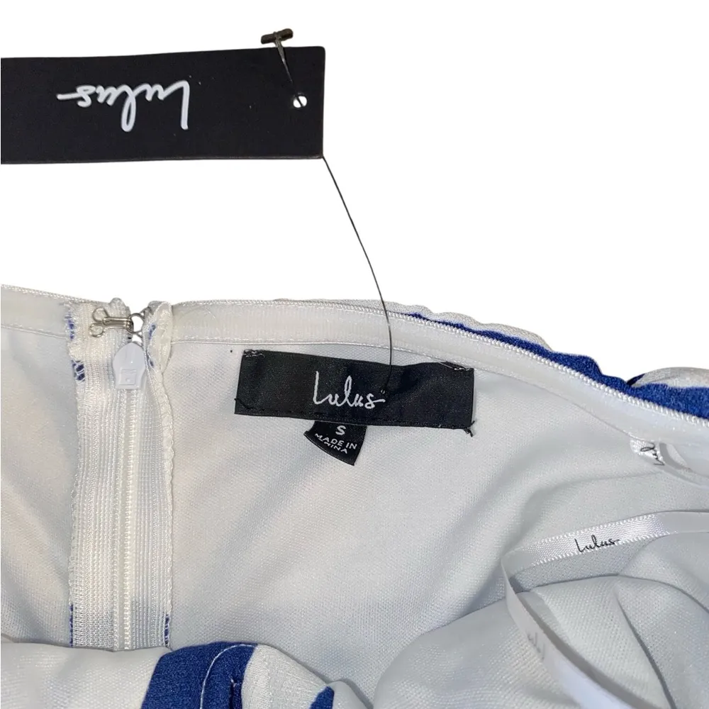 Lulus New Delphi Blue and White Striped Tie-Front Strapless Romper sz S - Image 7