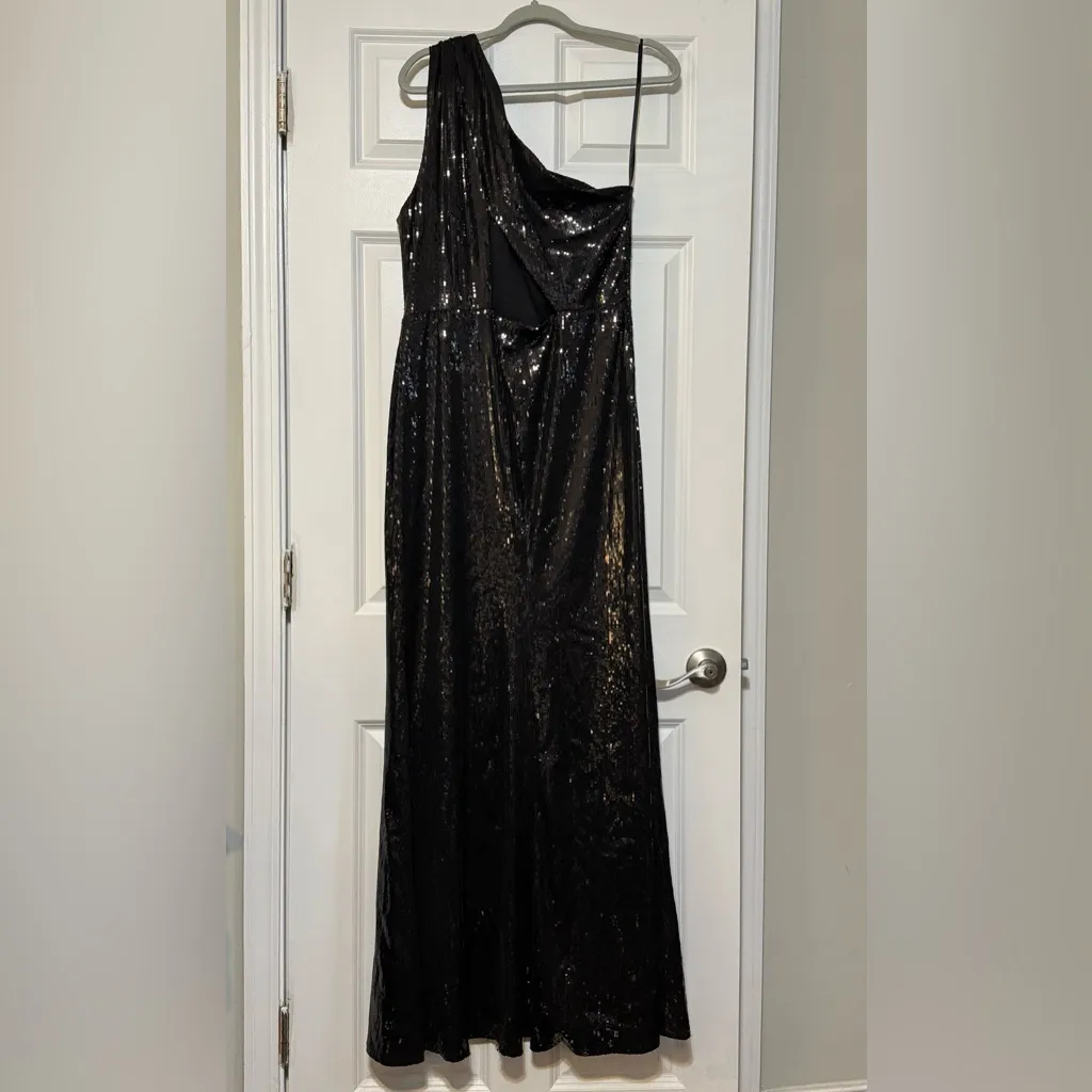 B. Darlin Black Floor Length Sequin Sexy Formal One Shoulder Cutout Gown 13/14 - Image 2