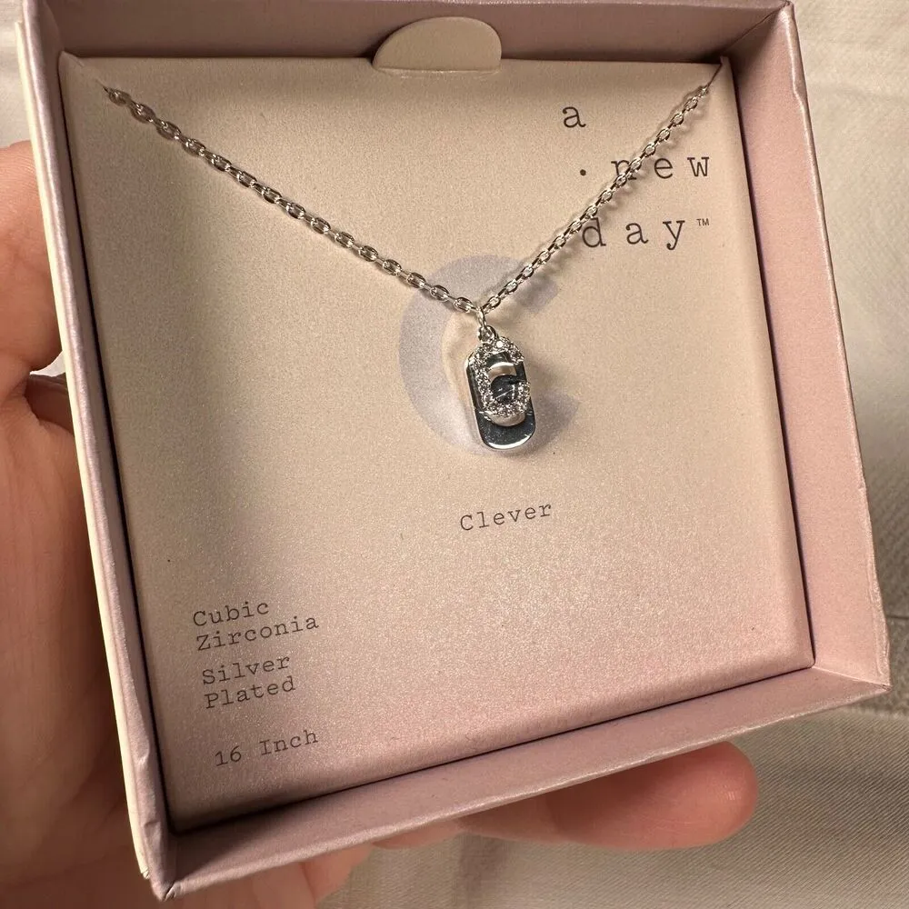 A New Day Silver Plated Letter C Clever Necklace Cubic Zirconia 16 inch New - Image 3