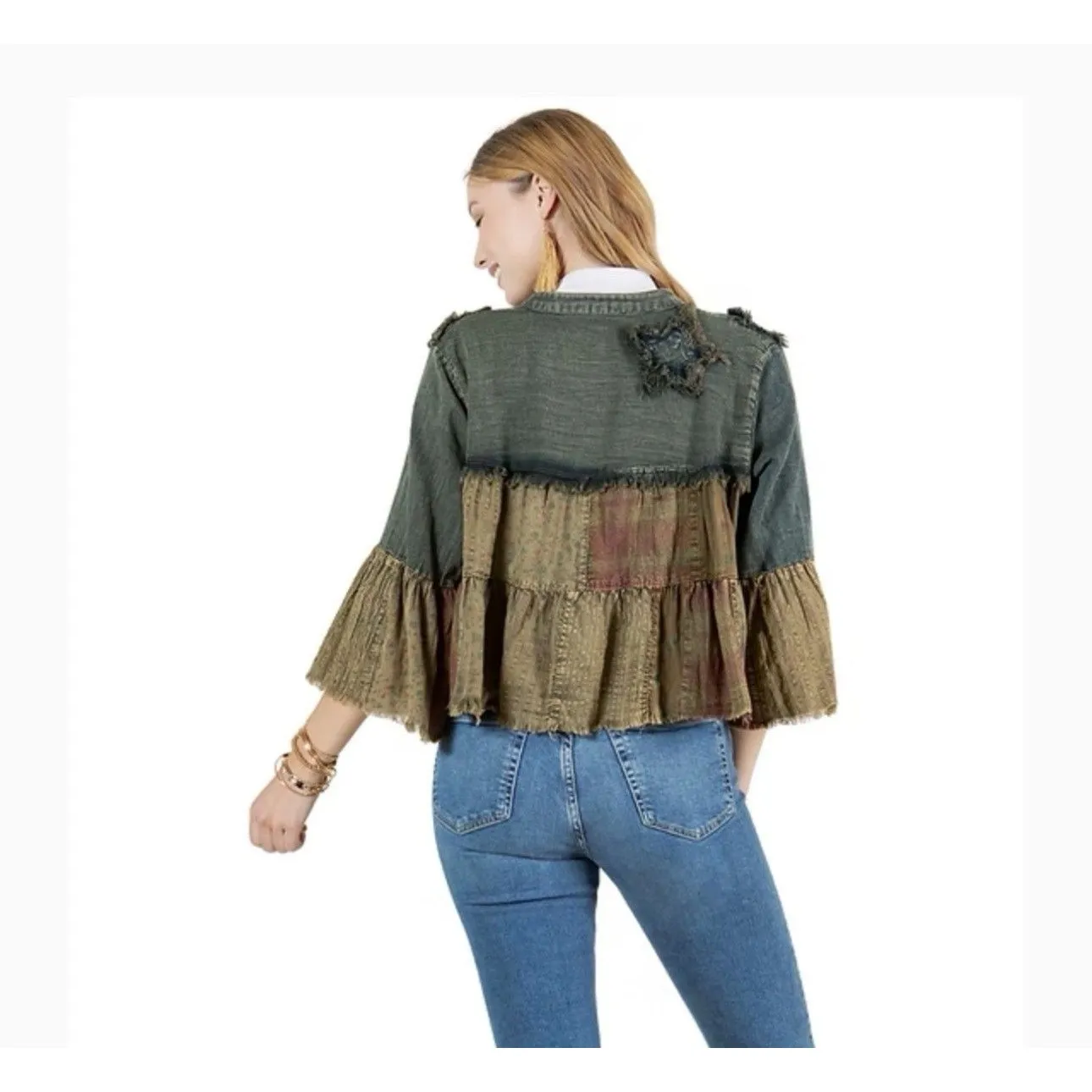 Young Threads Ruffle Patchwork Boho Denim Cardigan M Whimsiboho Western Hippie Blue Size M - Image 10