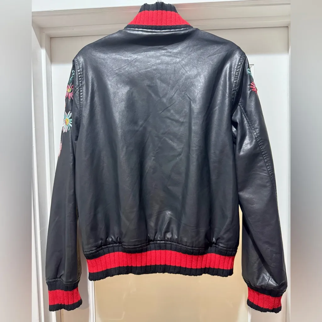 Groovy Monkey L Black Floral Embroidered Bomber Jacket Faux Leather Size L - Image 5