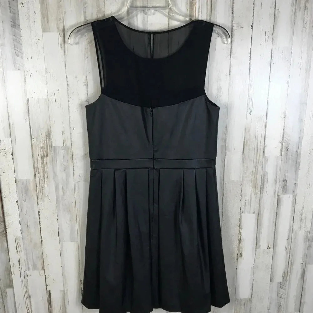 Ali Ro Black Faux Leather Pleated Dress Silk Lace - Image 4