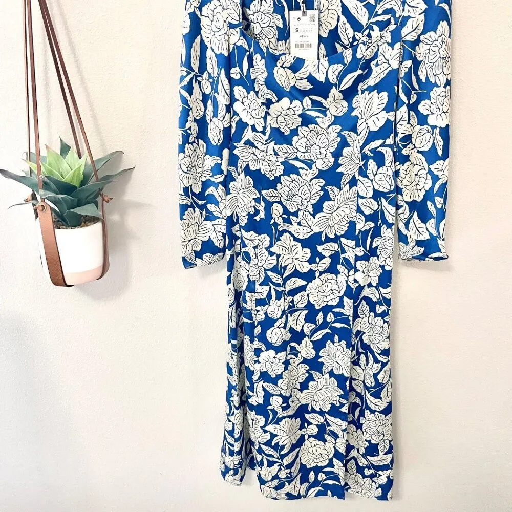 NWT Zara Floral Blue White Square Neck Midi Dress Size S 2311/243/044 - Image 3